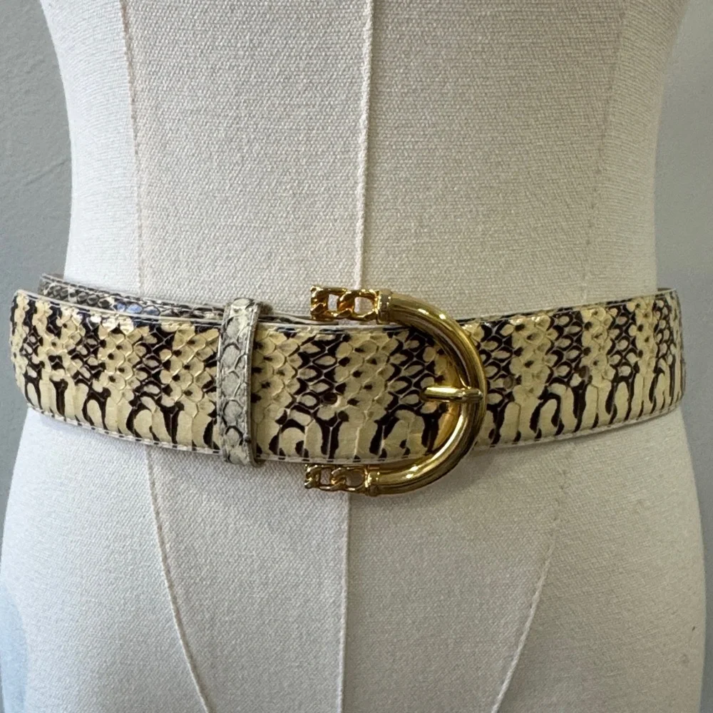 Vintage Genuine Snakeskin Belt with Gold Chain-Link Buckle – Size Medium - 34 in